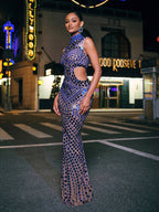 High Neck Rhinestone Acrylic Maxi Dress