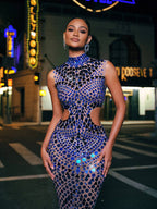 High Neck Rhinestone Acrylic Maxi Dress
