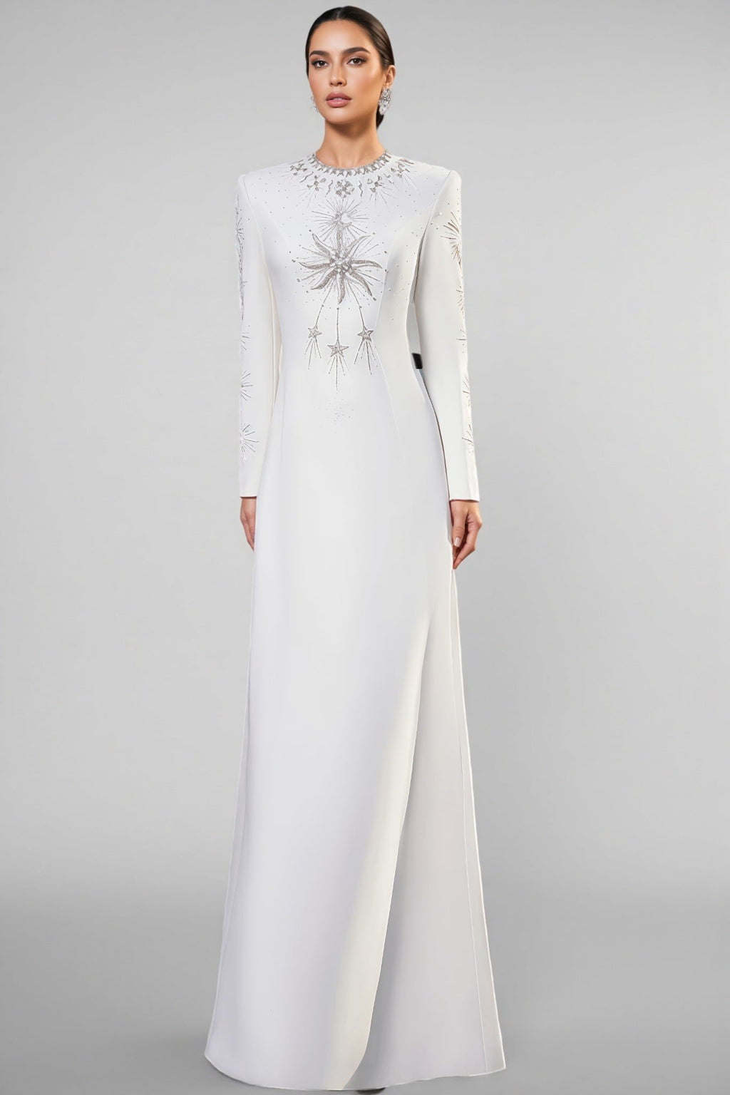 Zayden White Rhinestone Beaded Maxi Dress