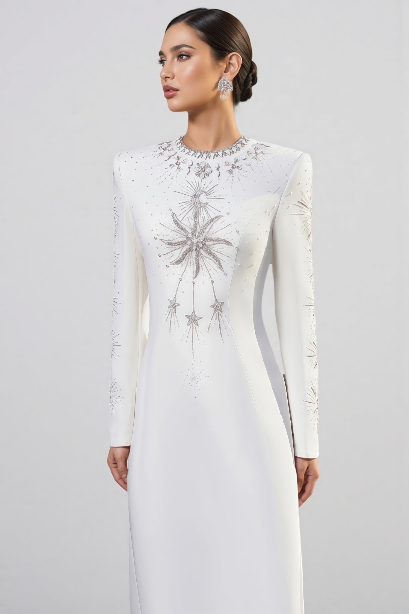 Zayden White Rhinestone Beaded Maxi Dress