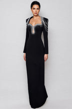 Orinlt Black Crystal Strings Cut-Out Maxi Dress