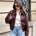 Wine Red PU Leather Coat