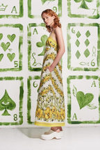 Wilhelmina Elevated Yellow Spaghetti Strap Maxi Dress with Floral Print Statement Occasion Edit