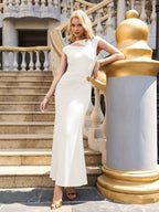 U-Neck Back Cut Out Floral Metal Decoration Ruched Mermaid Dress