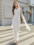 U-Neck Backless Side Ribbon Trim Ruched Mesh Dress