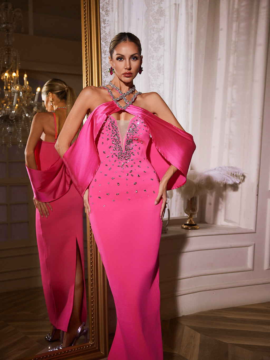 Halterneck Rhinestone Bandage Maxi Dress In Pink