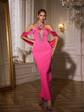 Halterneck Rhinestone Bandage Maxi Dress In Pink