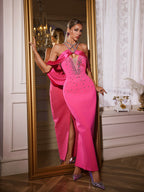 Halterneck Rhinestone Bandage Maxi Dress In Pink