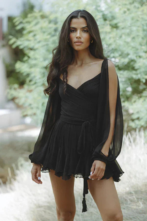 Madison Statement Dress with Flowing Sleeves and V Neck Evening Wear Edit