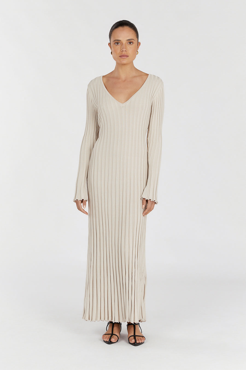 Verónica Minimalist Midi Dress with V Neck and Knitted Sleeves Elevated Occasion Wear