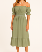 Jamie Aesthetic Off the Shoulder Midi Dress Evening Wear Edit