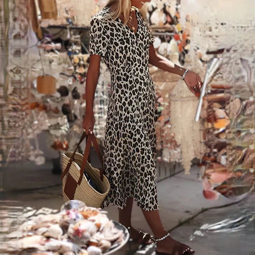 Alina Minimalist Long Dress with Leopard Print Designer Edit