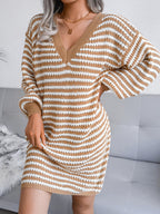 V Neck Bishop Sleeve Striped Sweater Dress