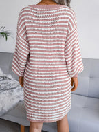 V Neck Bishop Sleeve Striped Sweater Dress