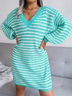V Neck Bishop Sleeve Striped Sweater Dress