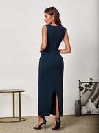 V-Neck Button Placket Back Split Bodycon Dress