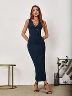 V-Neck Button Placket Back Split Bodycon Dress