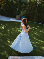 V-Neck Halter Flared Hem Solid Dress