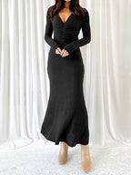 V-Neck Ruched Twist Bodycon Knitted Dress