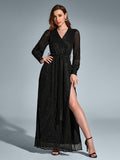 V-Neck Side Split Tie Round Dot Ruched Maxi Dress