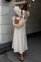 V Neck Single-breasted Cotton Linen A-line Dress