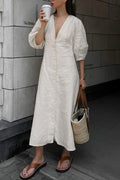 V Neck Single-breasted Cotton Linen A-line Dress