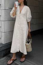 V Neck Single-breasted Cotton Linen A-line Dress