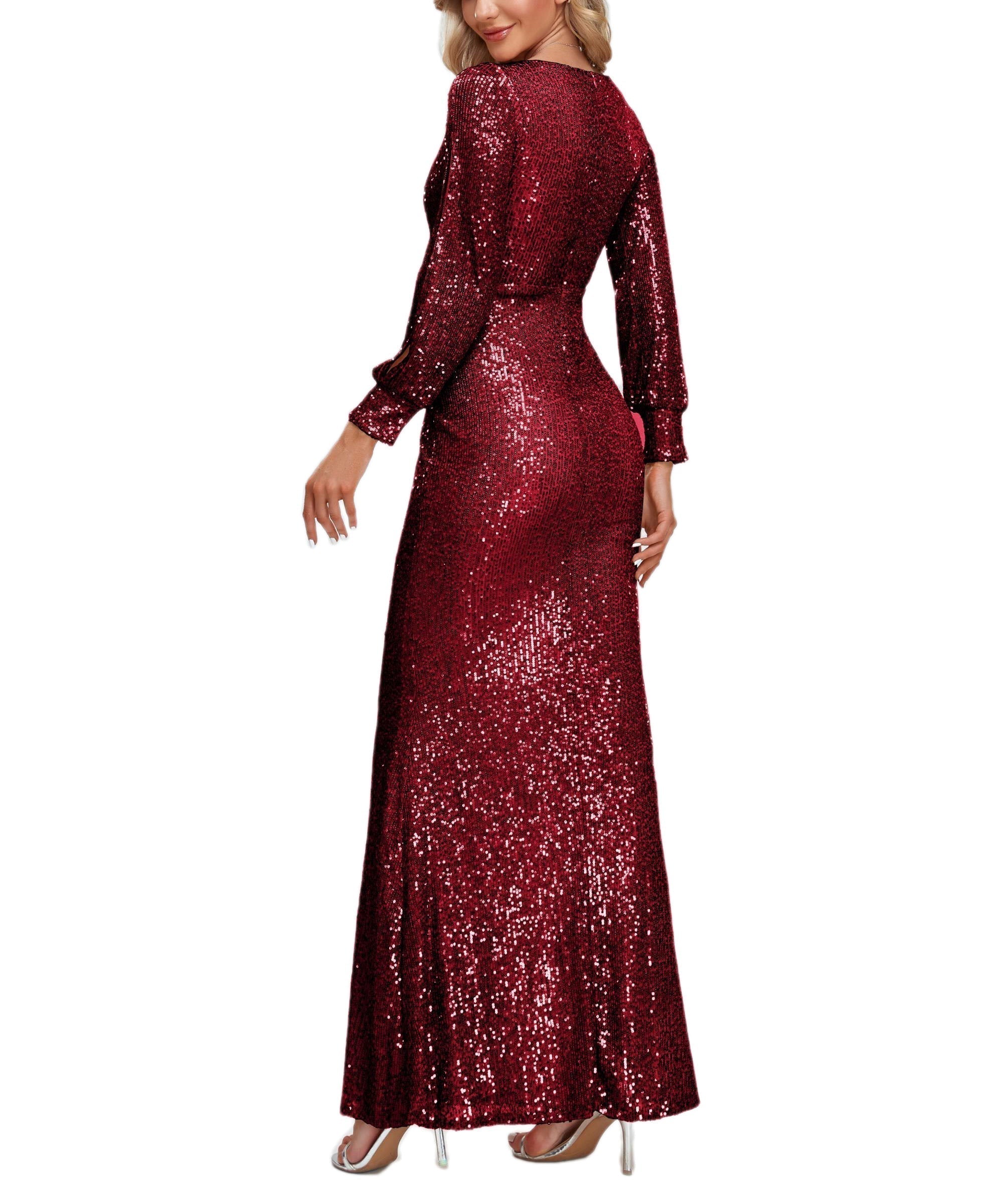 V Neck Split Long Sleeve Shinning Sequins Dress