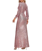 V Neck Split Long Sleeve Shinning Sequins Dress