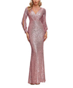 V Neck Split Long Sleeve Shinning Sequins Dress