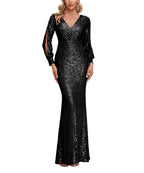 V Neck Split Long Sleeve Shinning Sequins Dress