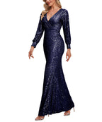 V Neck Split Long Sleeve Shinning Sequins Dress