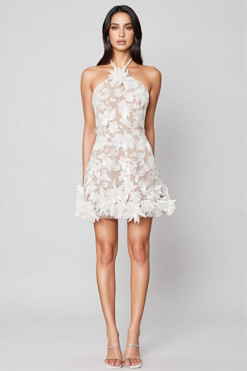 Thallp Mesh Embroidered 3D Flower Mini Dress