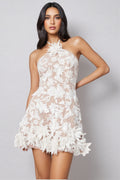Thallp Mesh Embroidered 3D Flower Mini Dress