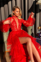 Elegant Lace Hollow Out A-Line Full Sleeve Red Party Dress
