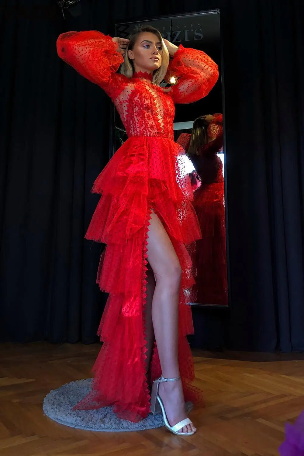 Elegant Lace Hollow Out A-Line Full Sleeve Red Party Dress