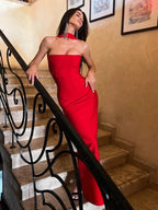 VC Backless Party Dress Elegant Halter Prom Back Split Party Dress