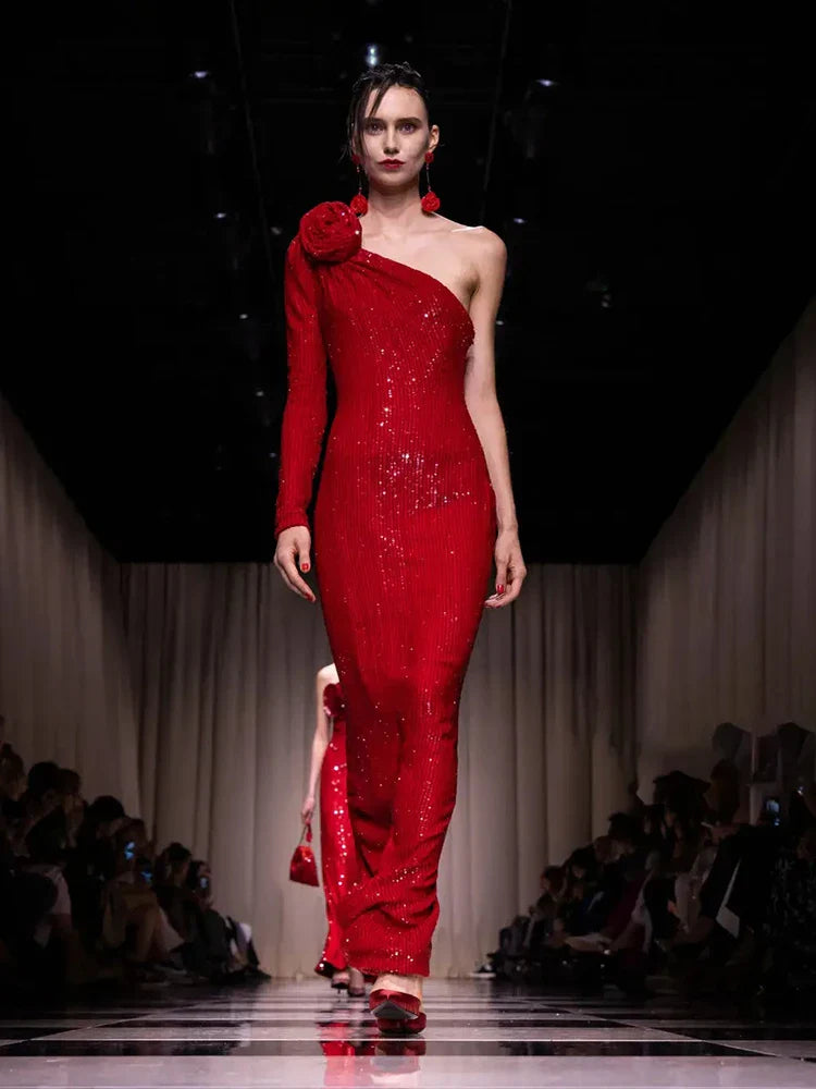 Red One-Shoulder Sequin Party Dress