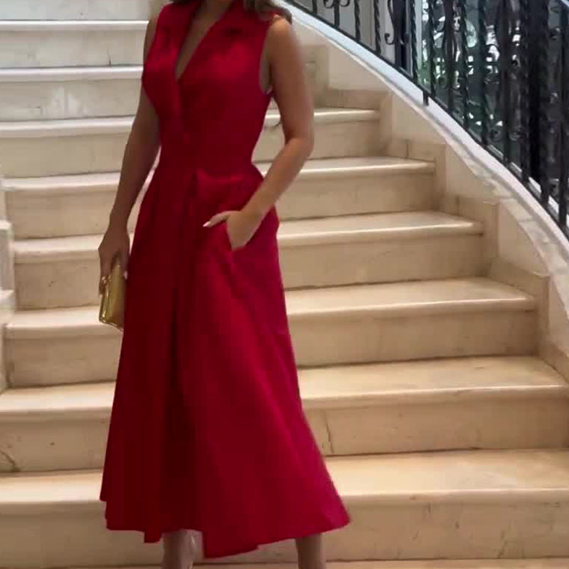 Naomi Timeless Crimson Midi V Neck Dress Chic Silhouette Collection