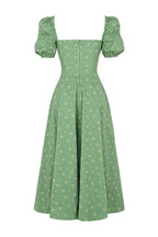 Vintage Floral Puff Sleeve Midi Dress in Green