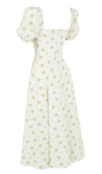 Vintage Floral Puff Sleeve Midi Dress in White
