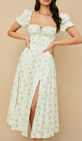 Vintage Floral Puff Sleeve Midi Dress in White