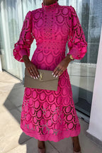 Irma Boutique Romantic, Sensual, and Midi Dress with Lantern Sleeves Made of Crochet Lace Designer Edit