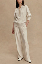 Meet The Autumn Ribbed Zipper Neck Sweatshirt and Elastic Waist Pocketed Loose Pants Set
