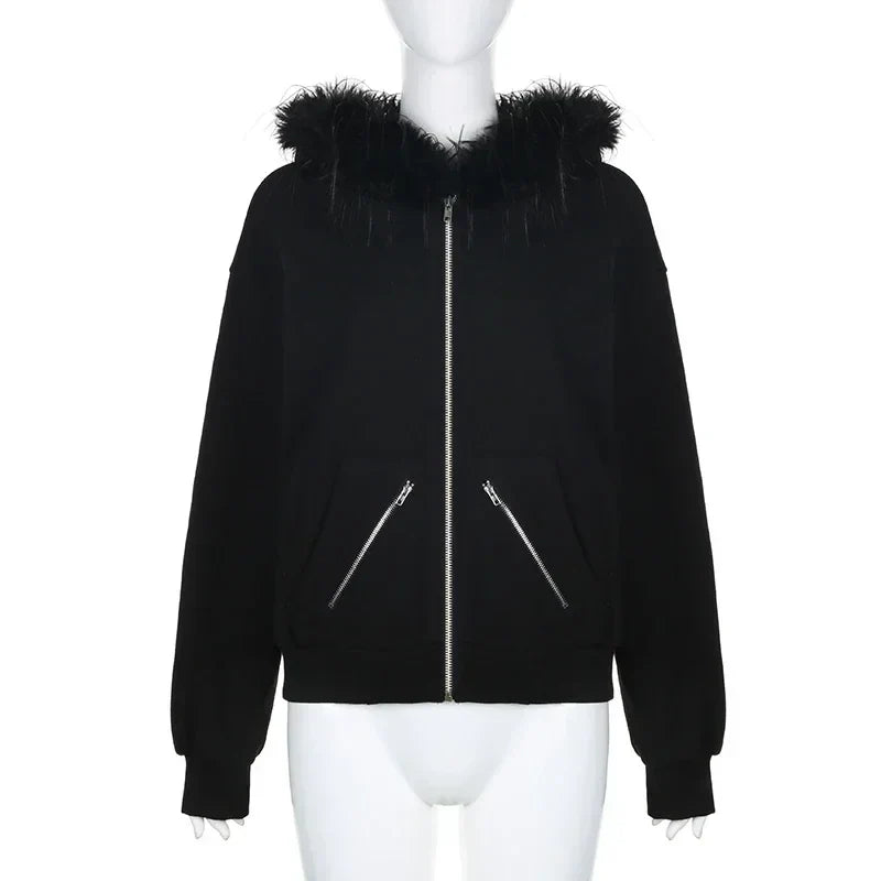Gothic Graphic Print Rhinestones Zip Up Streetwear Hip Hop Hoodie