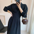 DressBetty - Vintage Long Sleeve Elegant Autumn Bodycon Dress Slimming Pleated Stand Collar Midi Dress