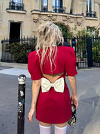 Vintage Red Contrasting Button Mini Dresses Elegant V Neck A-Line Party Dress