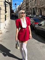 Vintage Red Contrasting Button Mini Dresses Elegant V Neck A-Line Party Dress