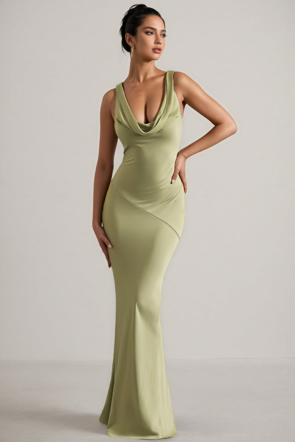Kovty Light Olive Satin Cowl-Neck Maxi Dress