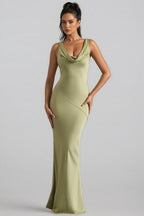 Kovty Light Olive Satin Cowl-Neck Maxi Dress